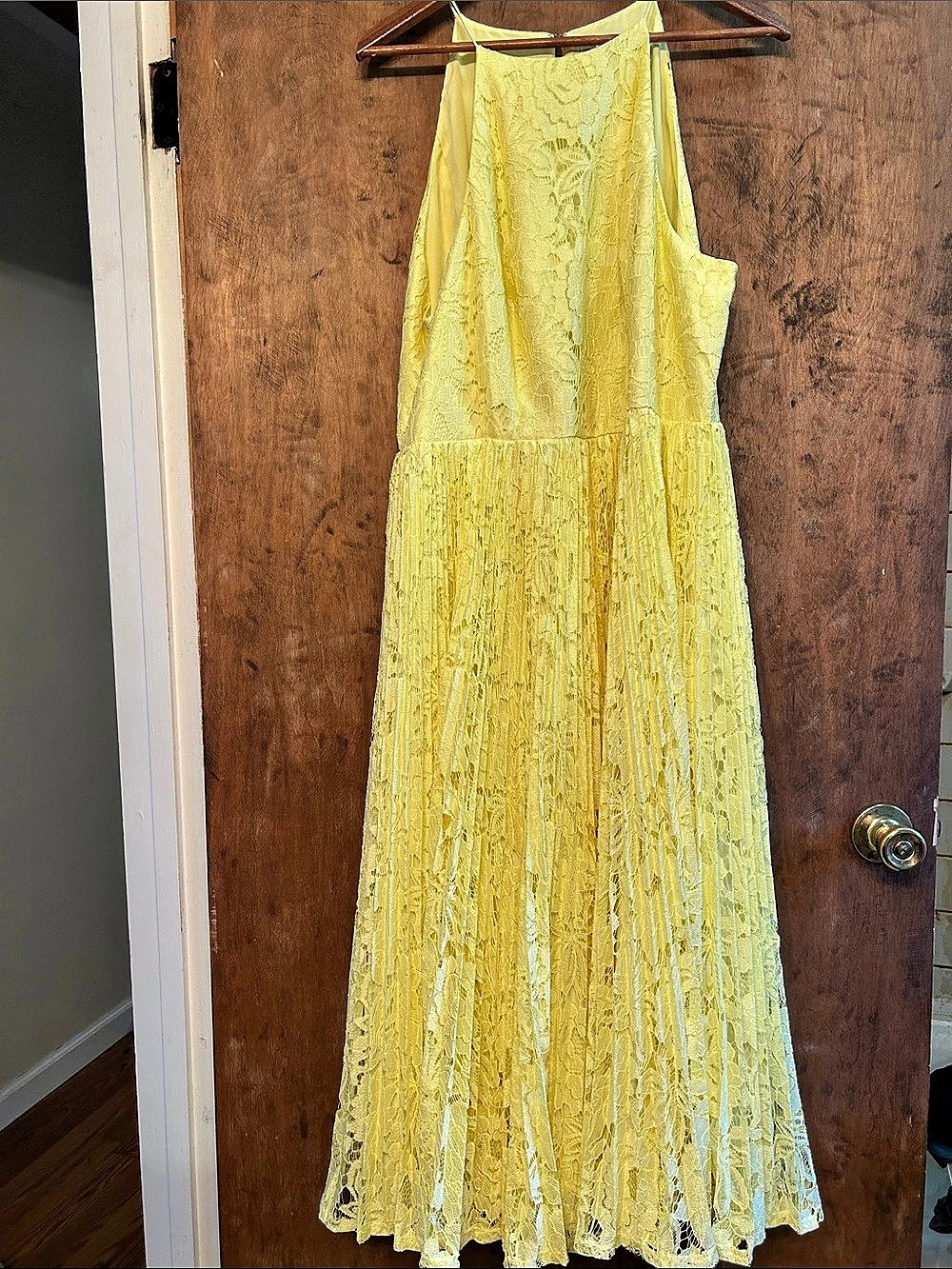 ASOS DESIGN lace detail halter column maxi dress in soft yellow